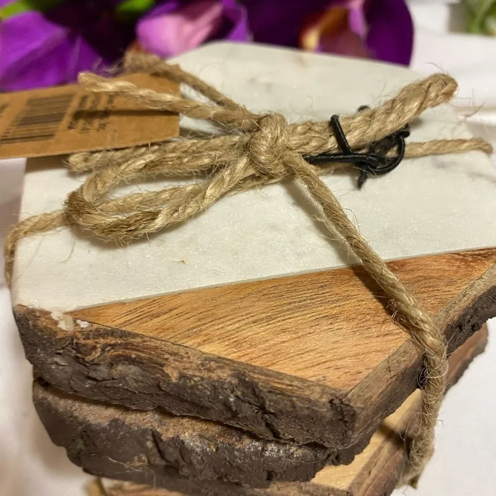 Coasters (4) Beautiful Marble & Brown NWT wrapped in Jute Creative Co Op 4x4
